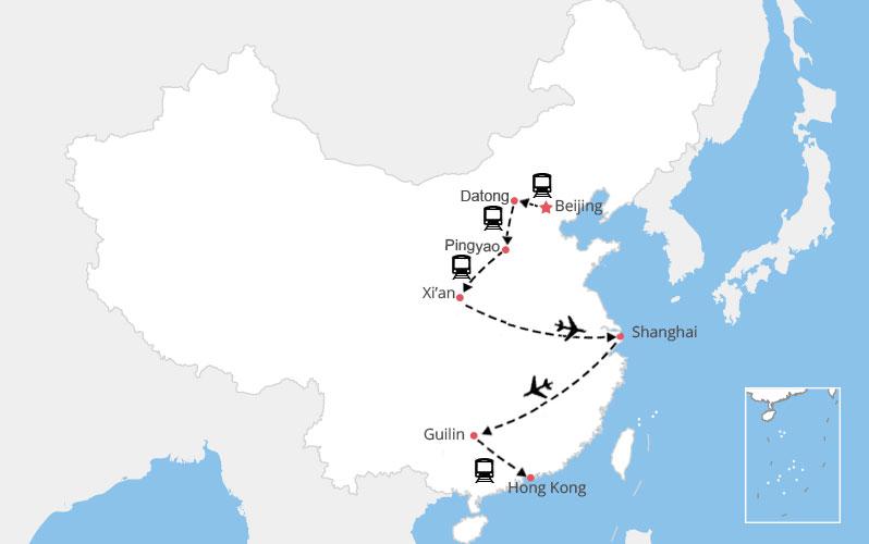 Carte circuit 15 jours en chine Pékin-Datong-Pingyao-Xi'an-Shanghai-Guilin-Yangshuo-Hong Kong